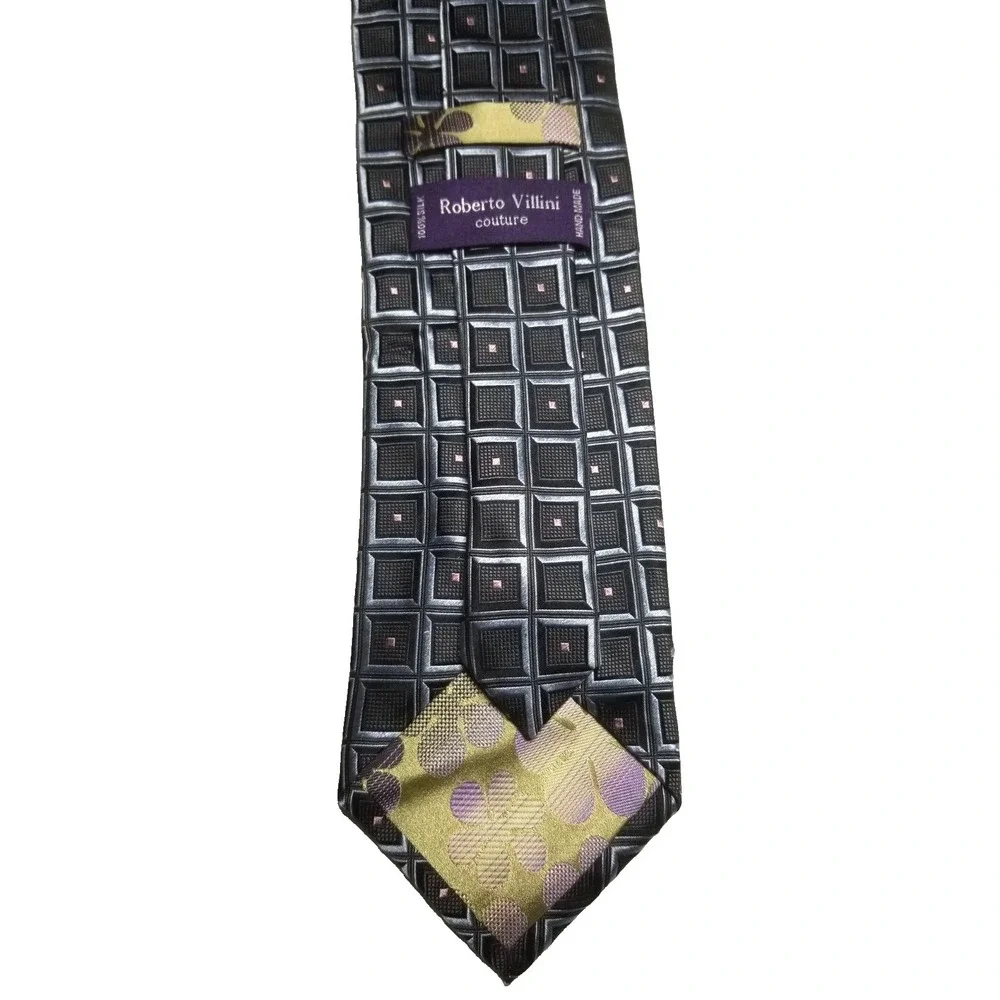Roberto Villini‎ Couture Black Silver Geometric w/Squares Pointed Silk Tie